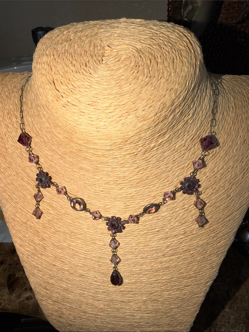Vintage-Inspired Amethyst Crystal floral Drop Necklace -Sterling Silver